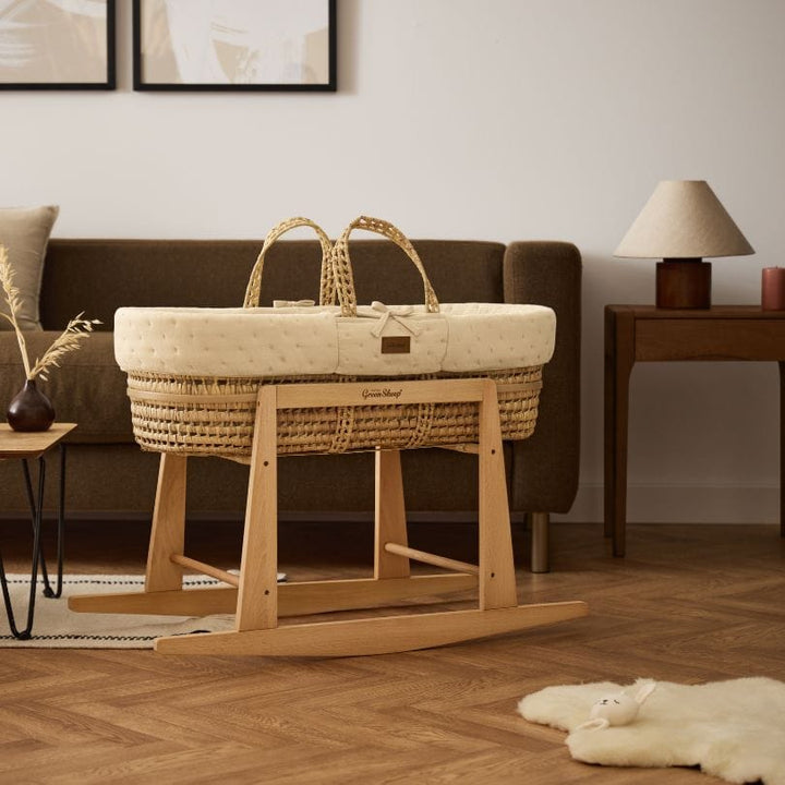 Little Green Sheep Organic Dimple Quilted Moses Basket, Mattress & Natural Rocking Stand - Linen