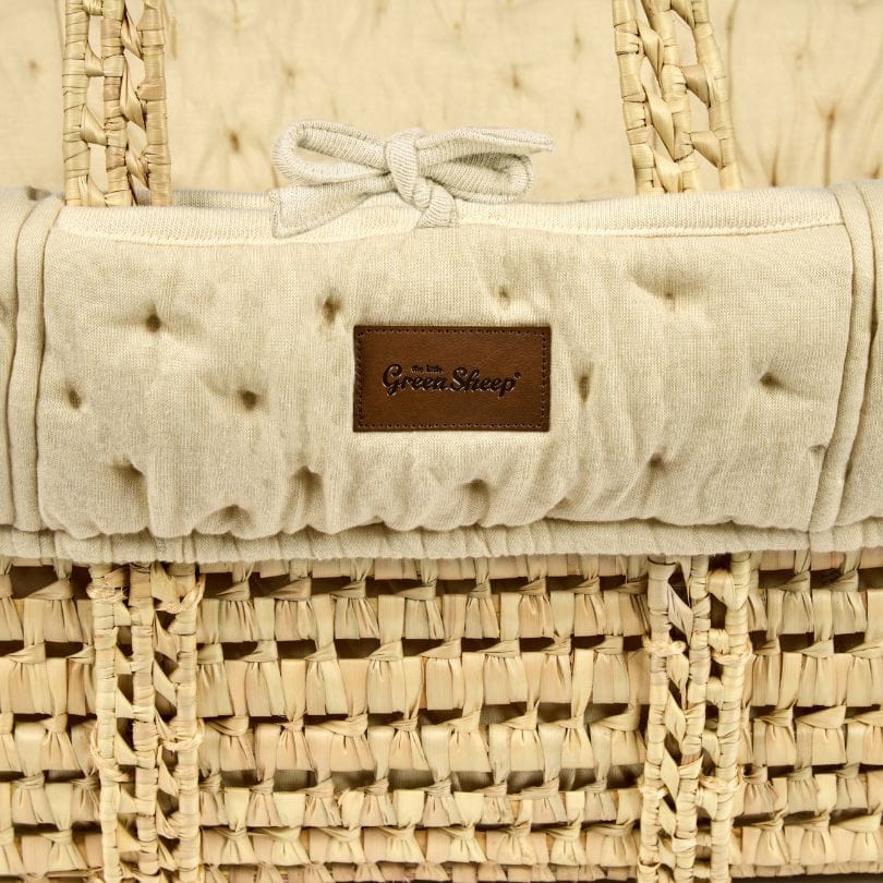 Little Green Sheep Organic Dimple Quilted Moses Basket, Mattress & Natural Rocking Stand - Linen