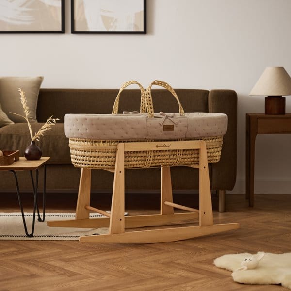 Little Green Sheep Organic Dimple Quilted Moses Basket, Mattress & Natural Rocking Stand - Truffle