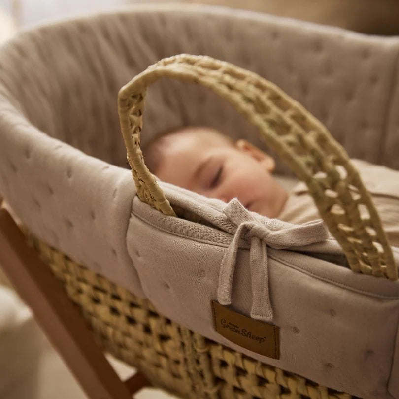 Little Green Sheep Organic Dimple Quilted Moses Basket, Mattress & Natural Rocking Stand - Truffle