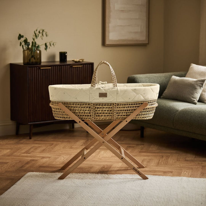Little Green Sheep Organic Quilted Moses Basket, Mattress & Natural Static Stand - Floral Print