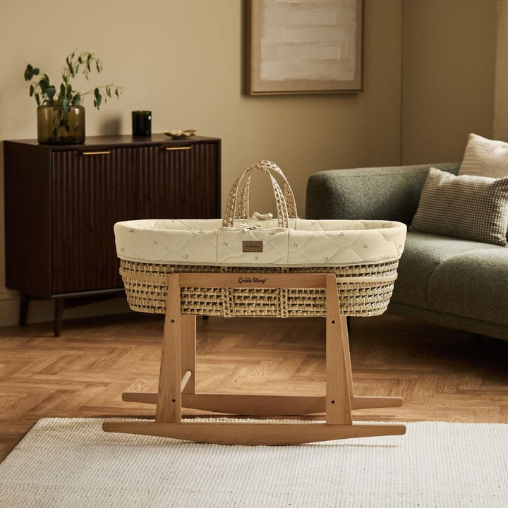 Little Green Sheep Organic Quilted Moses Basket, Mattress & Natural Rocking Stand - Floral