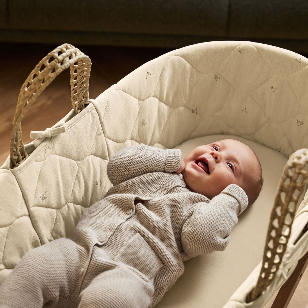 Little Green Sheep Organic Quilted Moses Basket, Mattress & Natural Rocking Stand - Floral