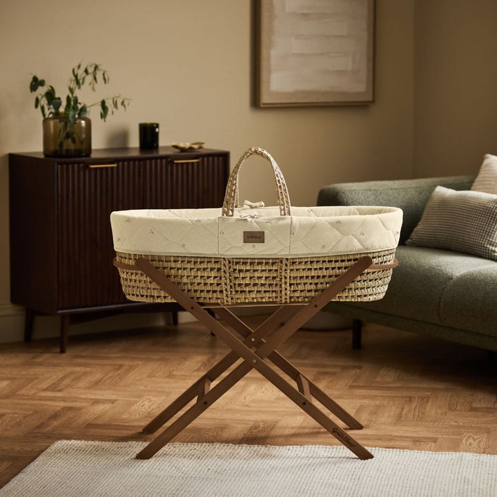 Little Green Sheep Organic Quilted Moses Basket, Mattress & Walnut Static Stand - Floral Print
