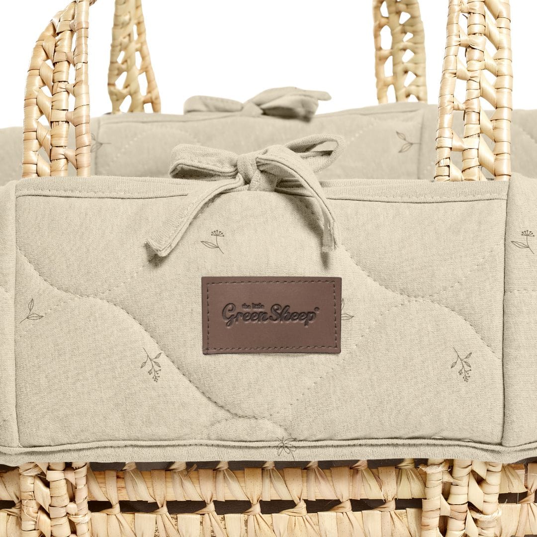 Little Green Sheep Organic Quilted Moses Basket, Mattress & Walnut Static Stand - Floral Print