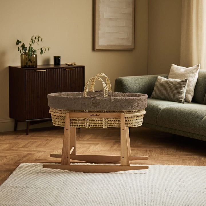 Little Green Sheep Organic Furrow Moses Basket, Mattress & Natural Rocking Stand - Cocoa