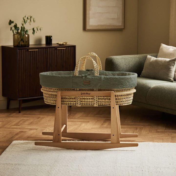 Little Green Sheep Organic Furrow Moses Basket, Mattress & Natural Rocking Stand - Juniper