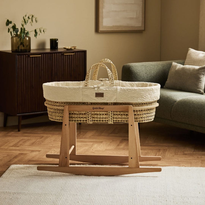 Little Green Sheep Organic Furrow Moses Basket, Mattress & Natural Rocking Stand - Linen