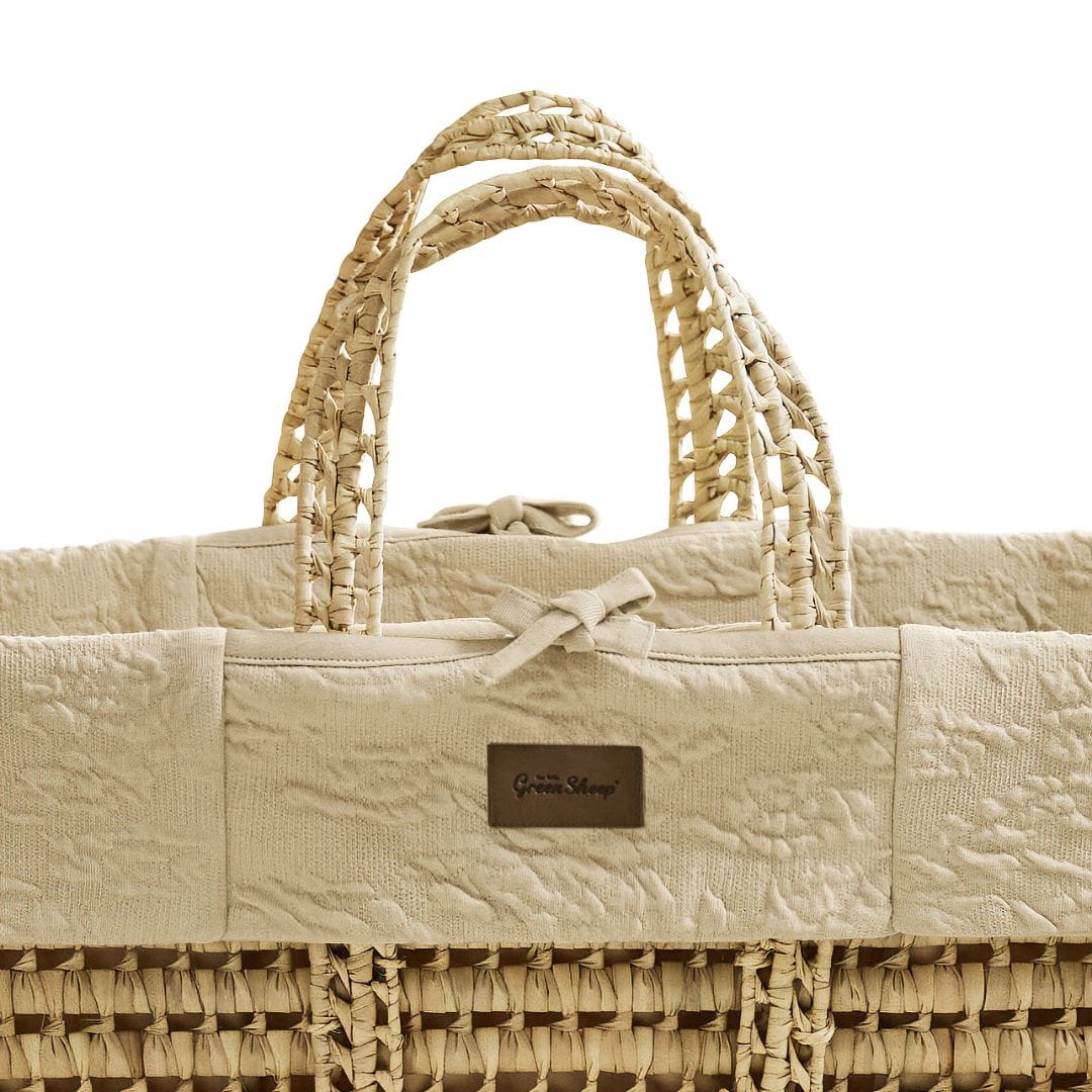 Little Green Sheep Organic Furrow Moses Basket, Mattress & Natural Rocking Stand - Linen