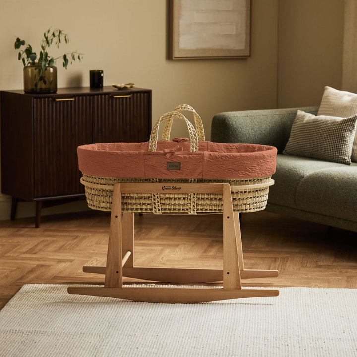 Little Green Sheep Organic Furrow Moses Basket, Mattress & Natural Rocking Stand - Terracotta