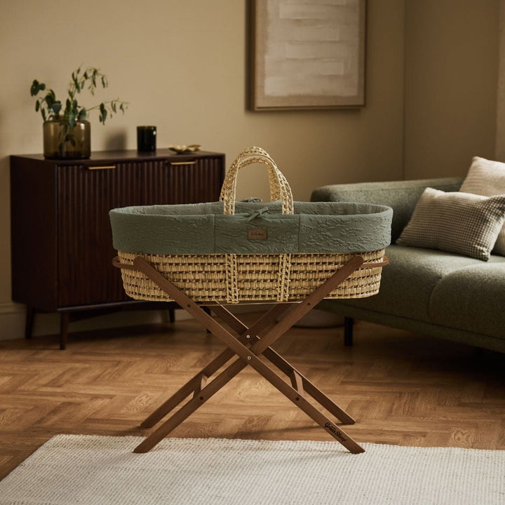 Little Green Sheep Organic Furrow Moses Basket, Mattress & Walnut Static Stand - Juniper