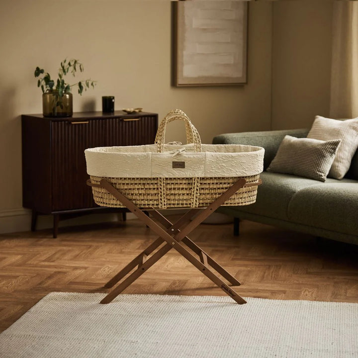Little Green Sheep Organic Furrow Moses Basket, Mattress & Walnut Static Stand - Linen