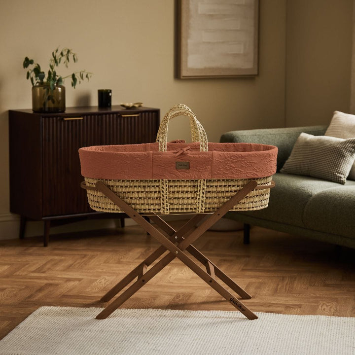 Little Green Sheep Organic Furrow Moses Basket, Mattress & Walnut Static Stand - Terracotta