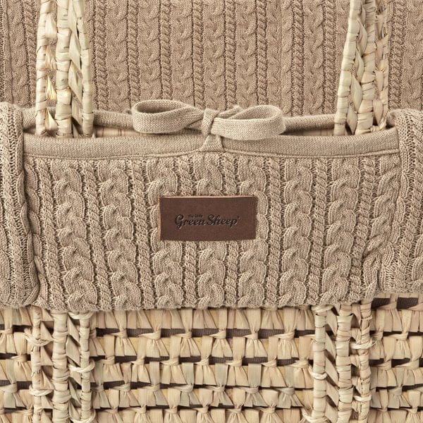 Little Green Sheep Organic Knitted Moses Basket, Mattress & Walnut Static Stand - Truffle