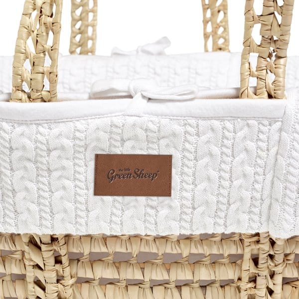 Little Green Sheep Organic Knitted Moses Basket, Mattress & Walnut Static Stand - White