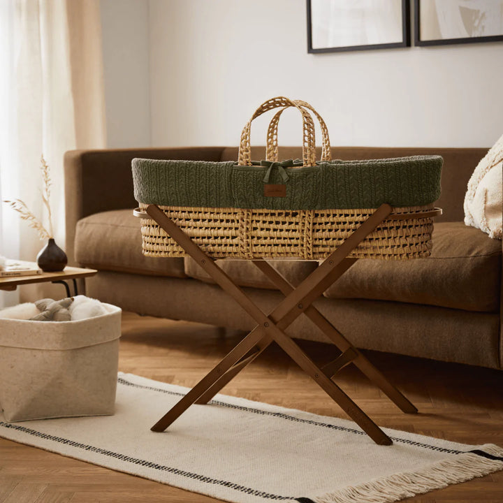Little Green Sheep Organic Knitted Moses Basket, Mattress & Walnut Static Stand - Juniper