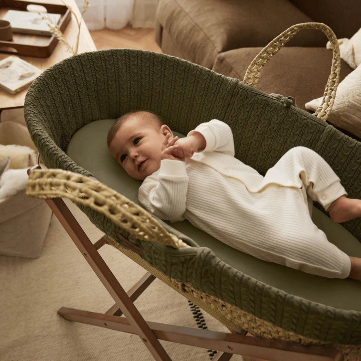 Little Green Sheep Organic Knitted Moses Basket, Mattress & Walnut Static Stand - Juniper