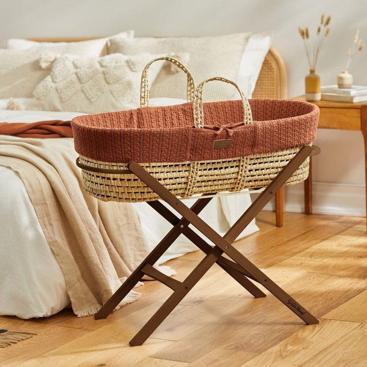 Little Green Sheep Organic Knitted Moses Basket, Mattress & Walnut Static Stand - Terracotta