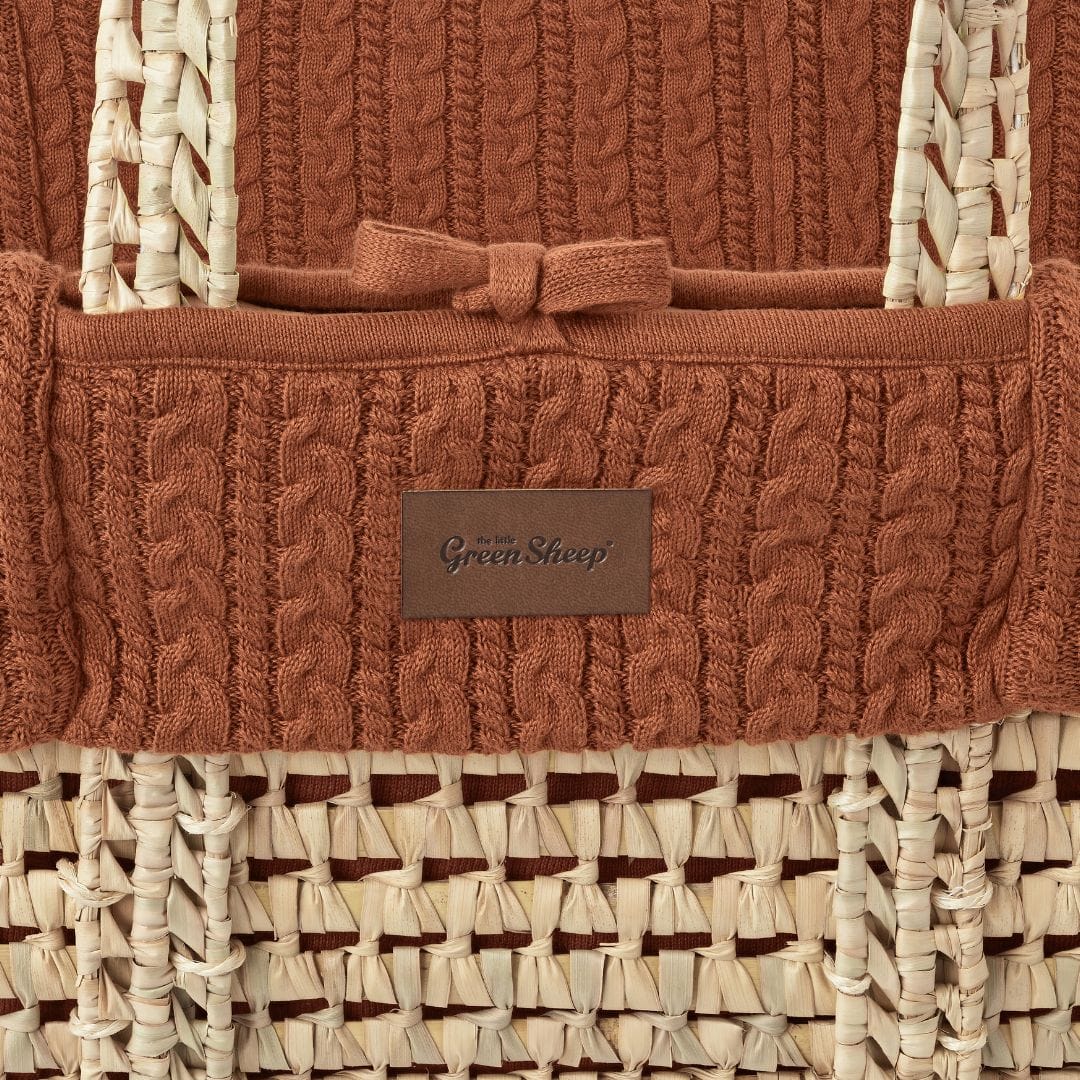 Little Green Sheep Organic Knitted Moses Basket, Mattress & Walnut Static Stand - Terracotta