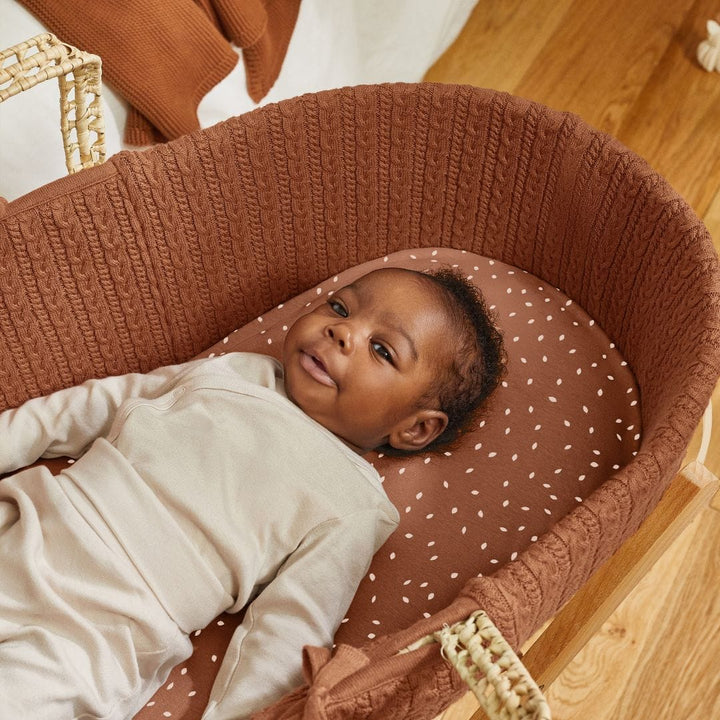 Little Green Sheep Organic Knitted Moses Basket, Mattress & Walnut Static Stand - Terracotta