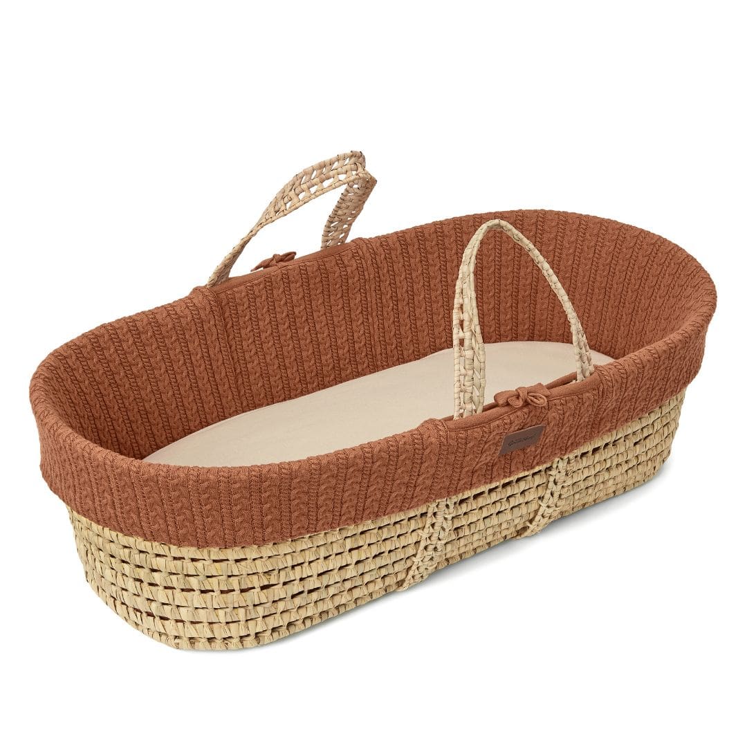 Little Green Sheep Organic Knitted Moses Basket, Mattress & Walnut Static Stand - Terracotta