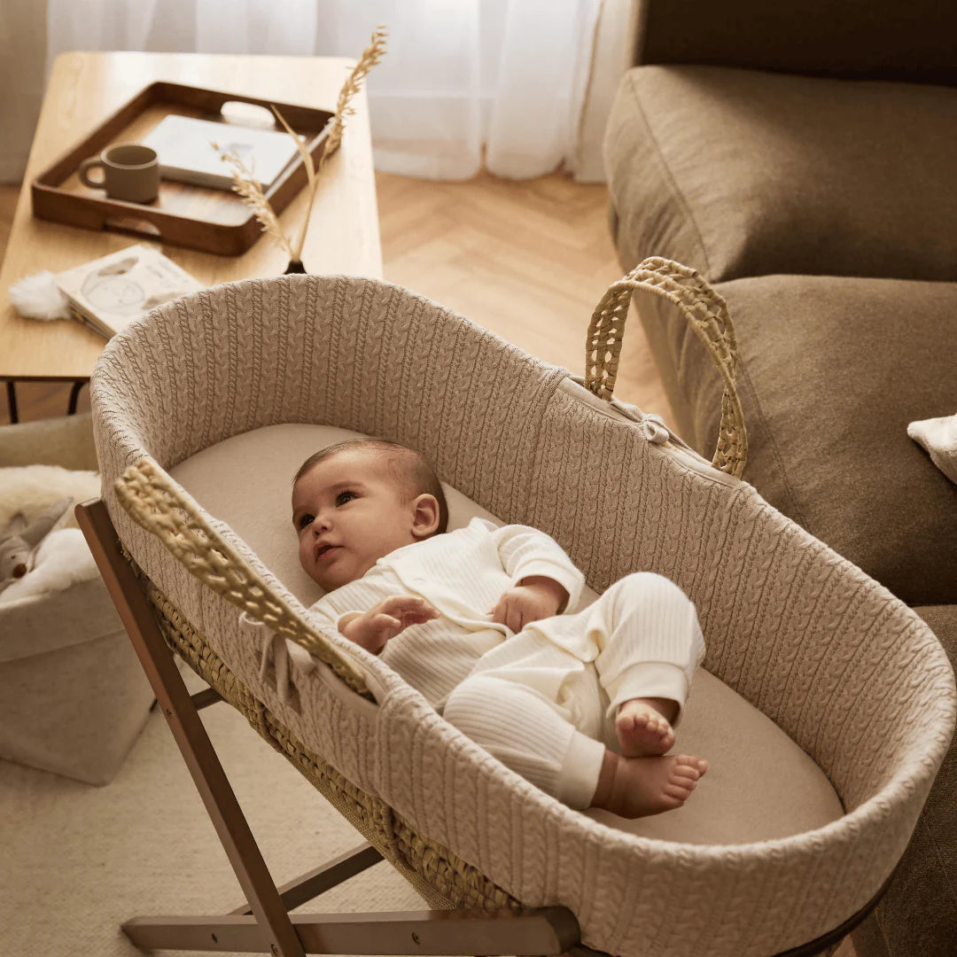 Little Green Sheep Organic Knitted Moses Basket, Mattress & Walnut Static Stand - Truffle