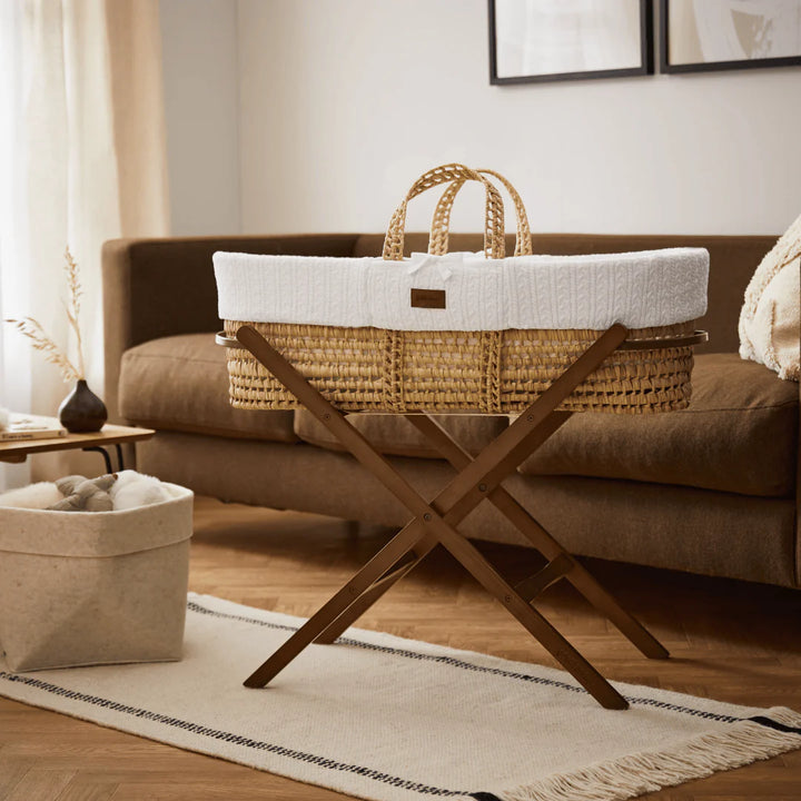 Little Green Sheep Organic Knitted Moses Basket, Mattress & Walnut Static Stand - White