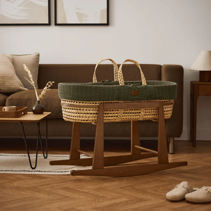 Little Green Sheep Organic Knitted Moses Basket, Mattress & Walnut Rocking Stand - Juniper