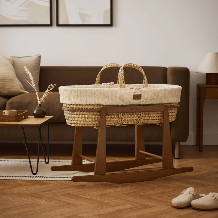 Little Green Sheep Organic Knitted Moses Basket, Mattress & Walnut Rocking Stand - Linen