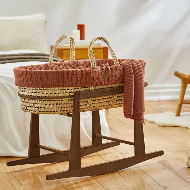 Little Green Sheep Organic Knitted Moses Basket, Mattress & Walnut Rocking Stand - Terracotta