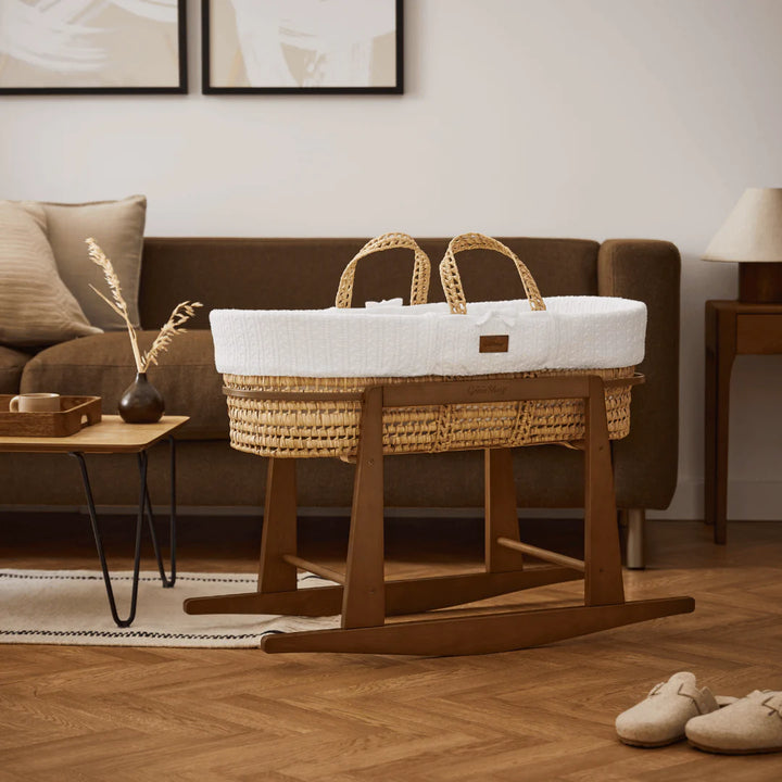 Little Green Sheep Organic Knitted Moses Basket, Mattress & Walnut Rocking Stand - White