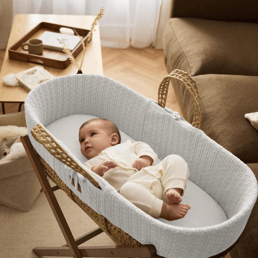 Little Green Sheep Organic Knitted Moses Basket, Mattress & Walnut Rocking Stand - White