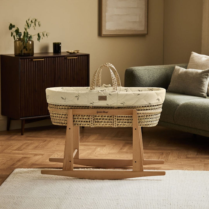 Little Green Sheep Organic Quilted Moses Basket, Mattress & Natural Rocking Stand - Leaves