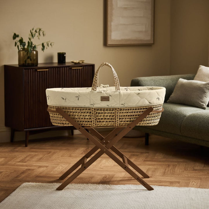 Little Green Sheep Organic Quilted Moses Basket, Mattress & Walnut Static Stand - Leaves Print