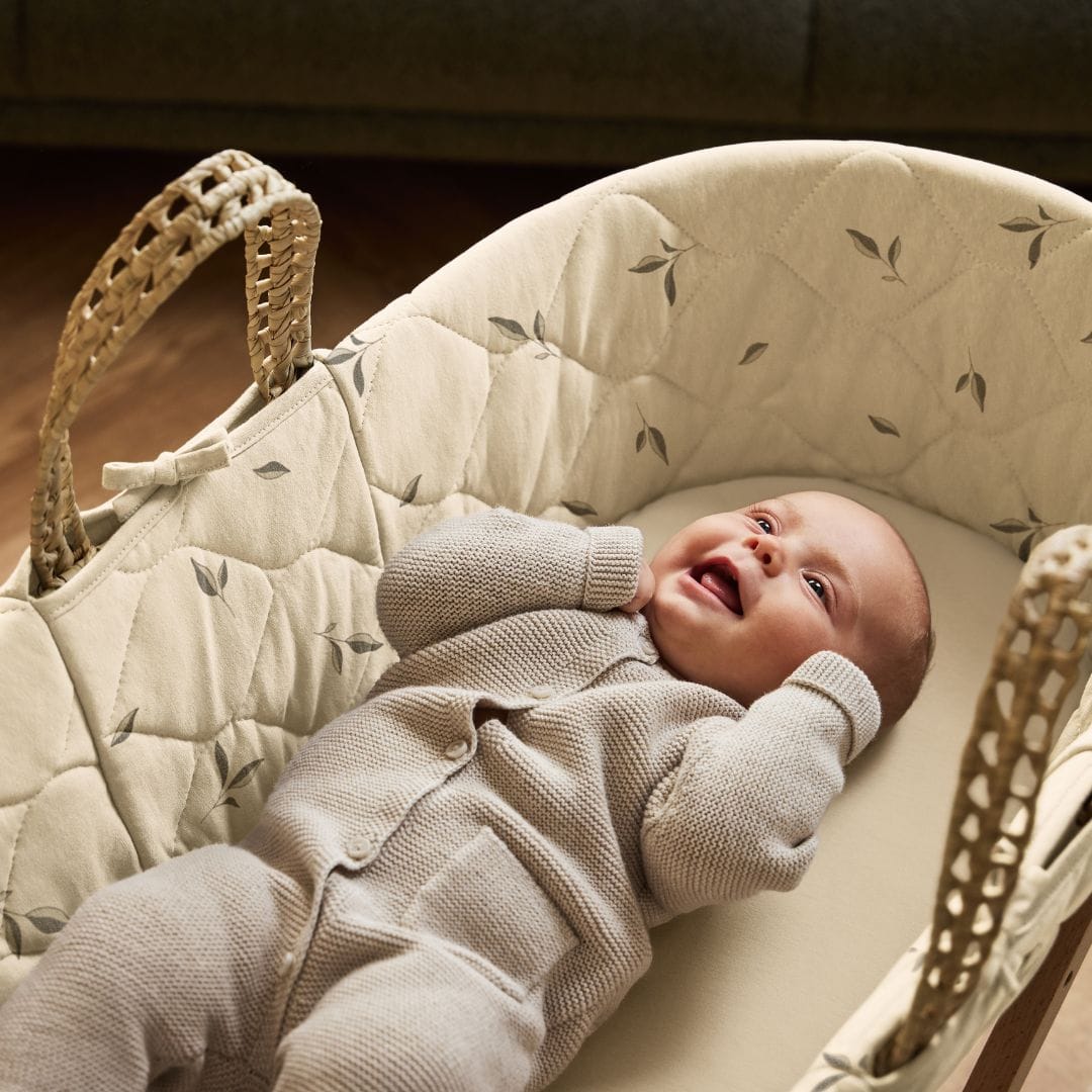 Little Green Sheep Organic Quilted Moses Basket, Mattress & Walnut Static Stand - Leaves Print