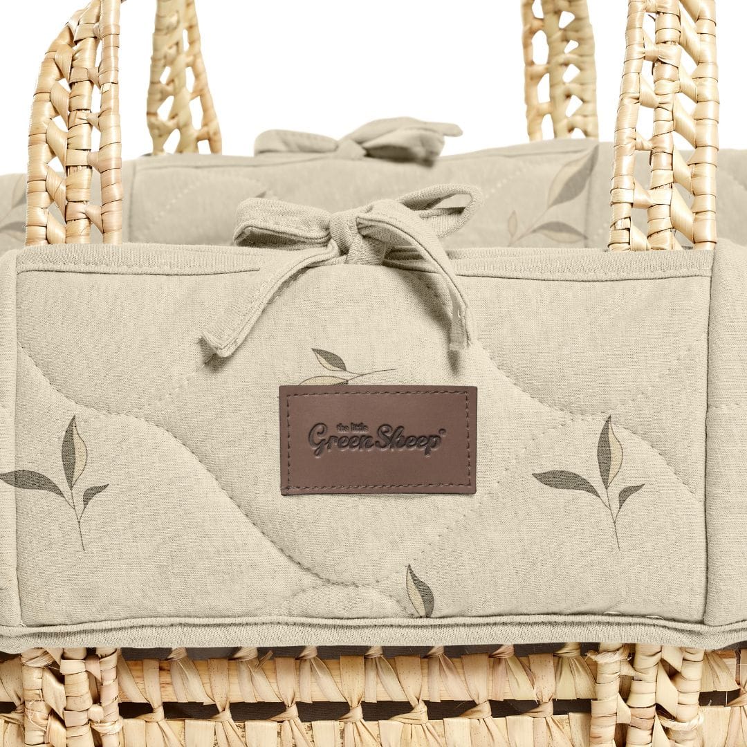 Little Green Sheep Organic Quilted Moses Basket, Mattress & Walnut Static Stand - Leaves Print