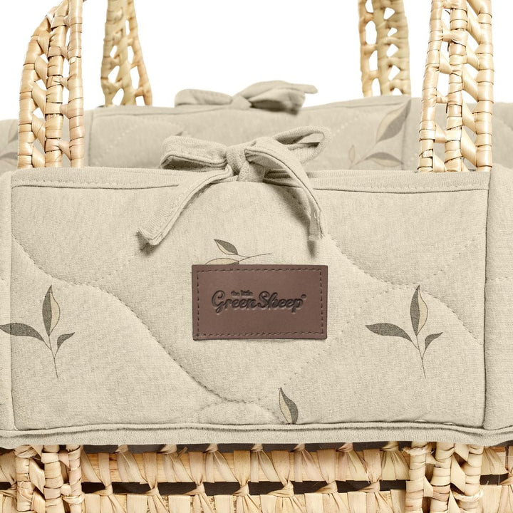 Little Green Sheep Organic Quilted Moses Basket, Mattress & Walnut Static Stand - Leaves Print