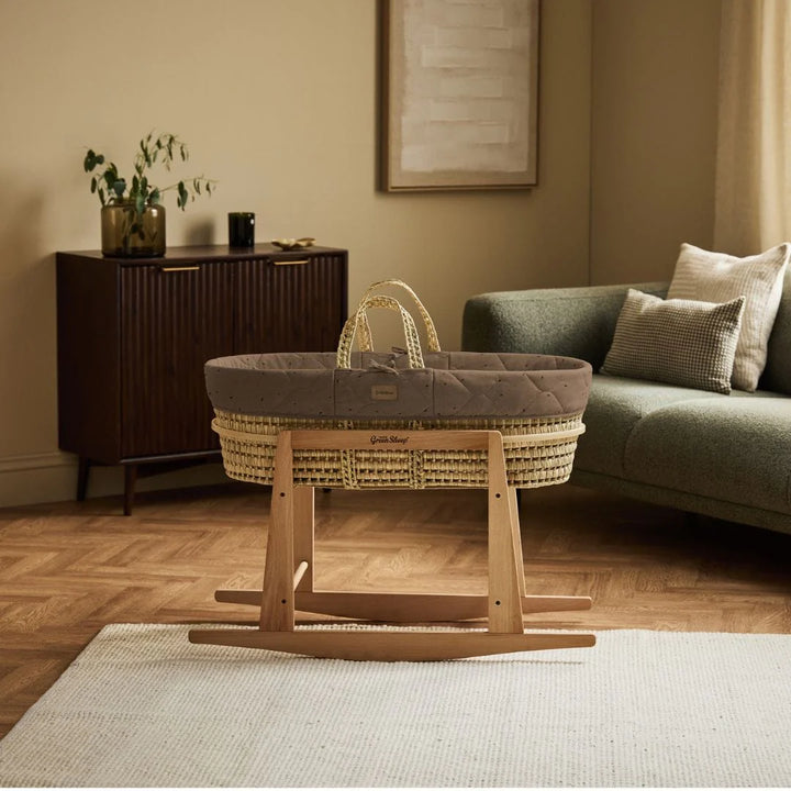 Little Green Sheep Organic Quilted Moses Basket, Mattress & Natural Rocking Stand - Cocoa