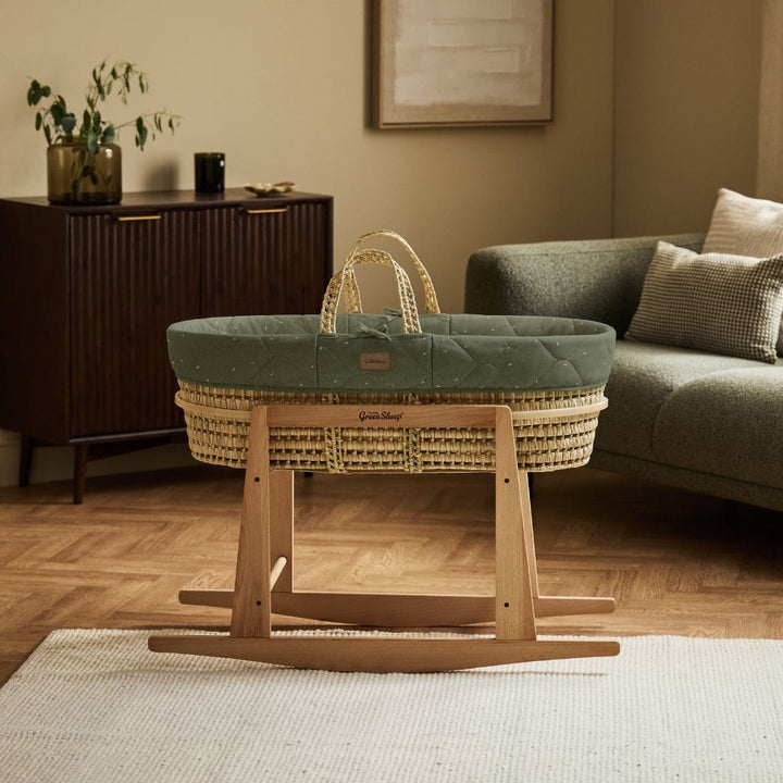 Little Green Sheep Organic Quilted Moses Basket, Mattress & Natural Rocking Stand - Juniper