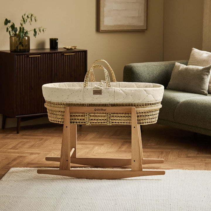 Little Green Sheep Organic Quilted Moses Basket, Mattress & Natural Rocking Stand - Linen