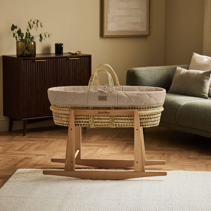 Little Green Sheep Organic Quilted Moses Basket, Mattress & Natural Rocking Stand - Truffle