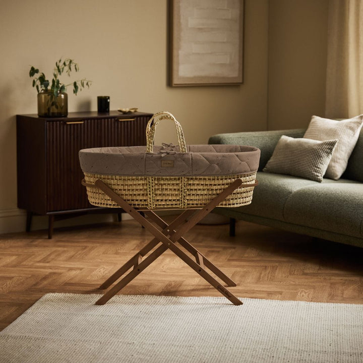 Little Green Sheep Organic Quilted Moses Basket, Mattress & Walnut Static Stand - Cocoa Rice Print