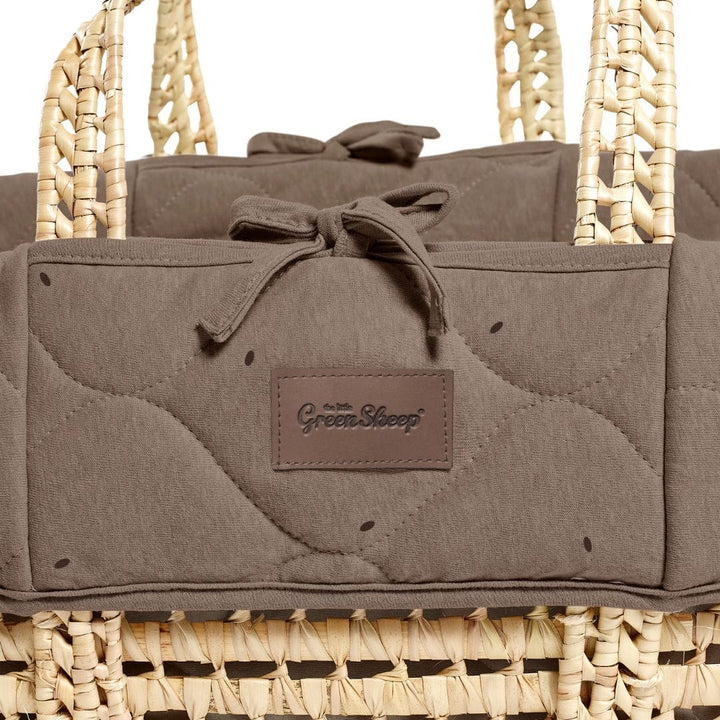 Little Green Sheep Organic Quilted Moses Basket, Mattress & Walnut Static Stand - Cocoa Rice Print