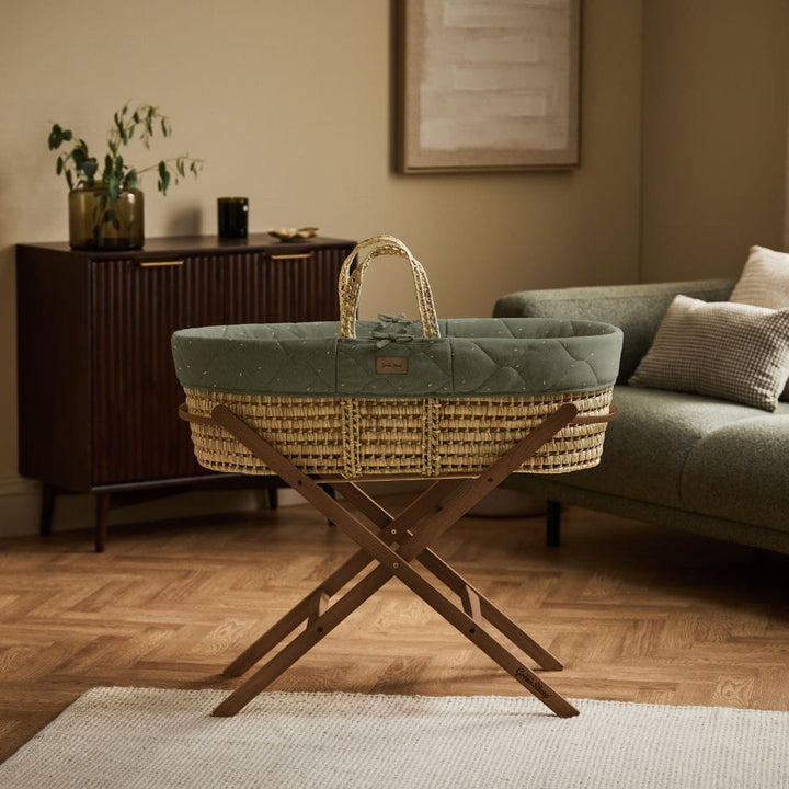 Little Green Sheep Organic Quilted Moses Basket, Mattress & Walnut Static Stand - Juniper Rice Print