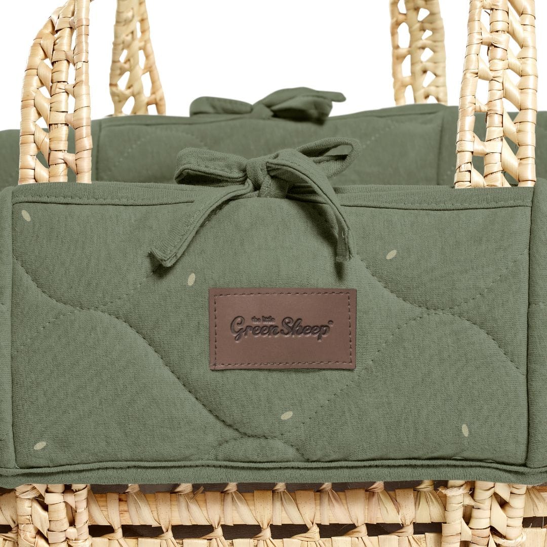 Little Green Sheep Organic Quilted Moses Basket, Mattress & Walnut Static Stand - Juniper Rice Print
