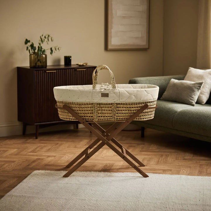 Little Green Sheep Organic Quilted Moses Basket, Mattress & Walnut Static Stand - Linen