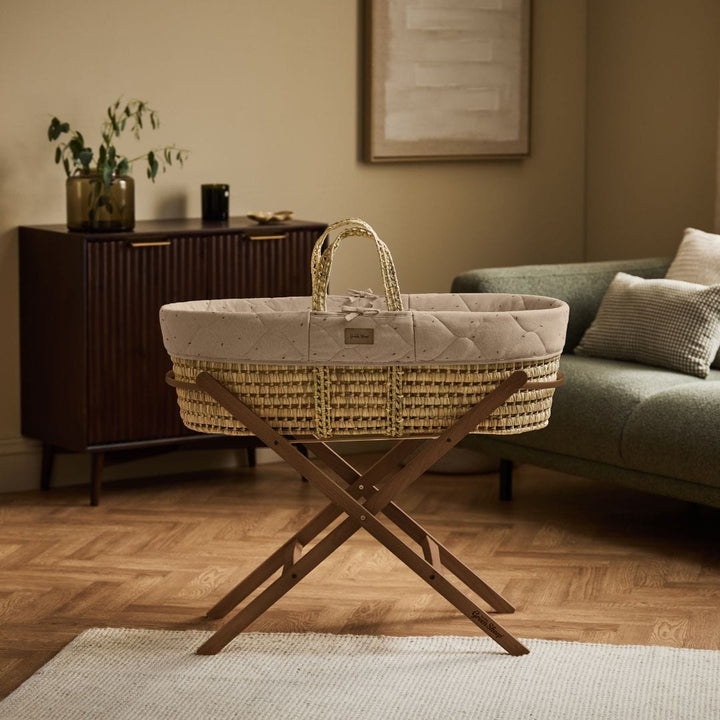 Little Green Sheep Organic Quilted Moses Basket, Mattress & Walnut Static Stand - Truffle Rice Print
