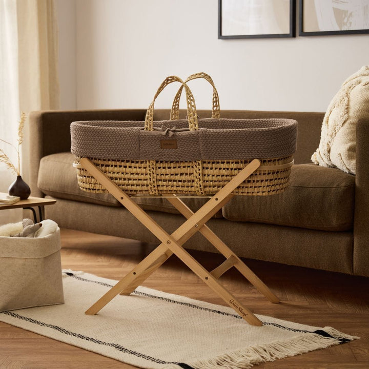 Little Green Sheep Organic Wheat Knitted Moses Basket, Mattress & Natural Static Stand - Cocoa