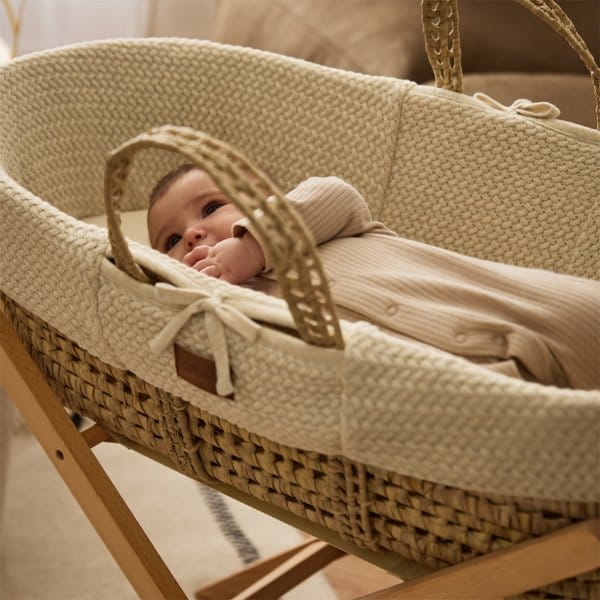 Little Green Sheep Organic Wheat Knitted Moses Basket, Mattress & Natural Static Stand - Linen