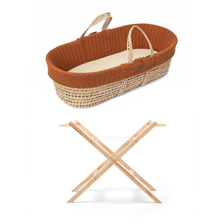 Little Green Sheep Organic Knitted Moses Basket, Mattress & Natural Static Stand - Terracotta